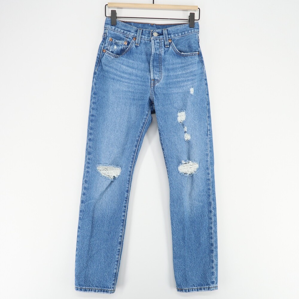 Levis 501 Jeans Womens 24x30 Blue Distressed Button Fly Straight Leg High Rise